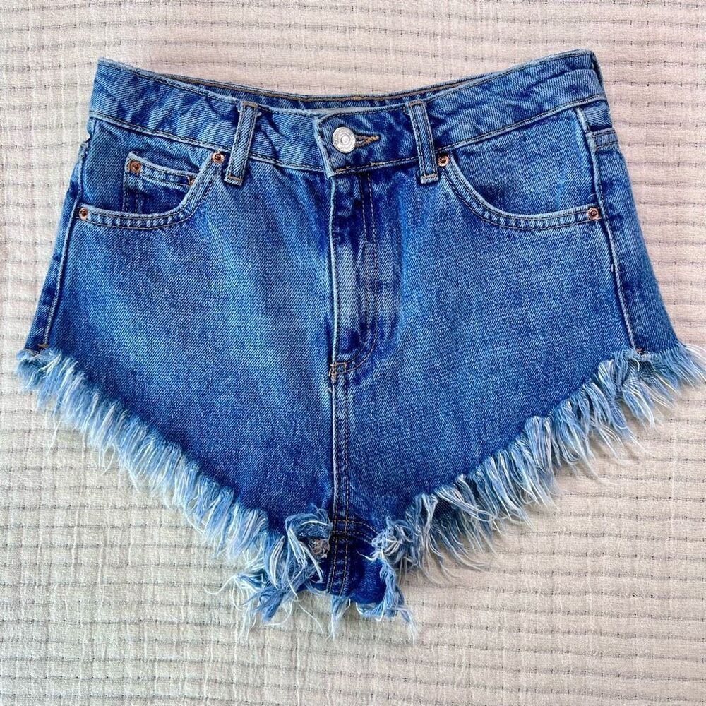 Topshop Womens Blue Five Pocket Raw Fray Hem Denim‎ Cut Off Shorts Size 8